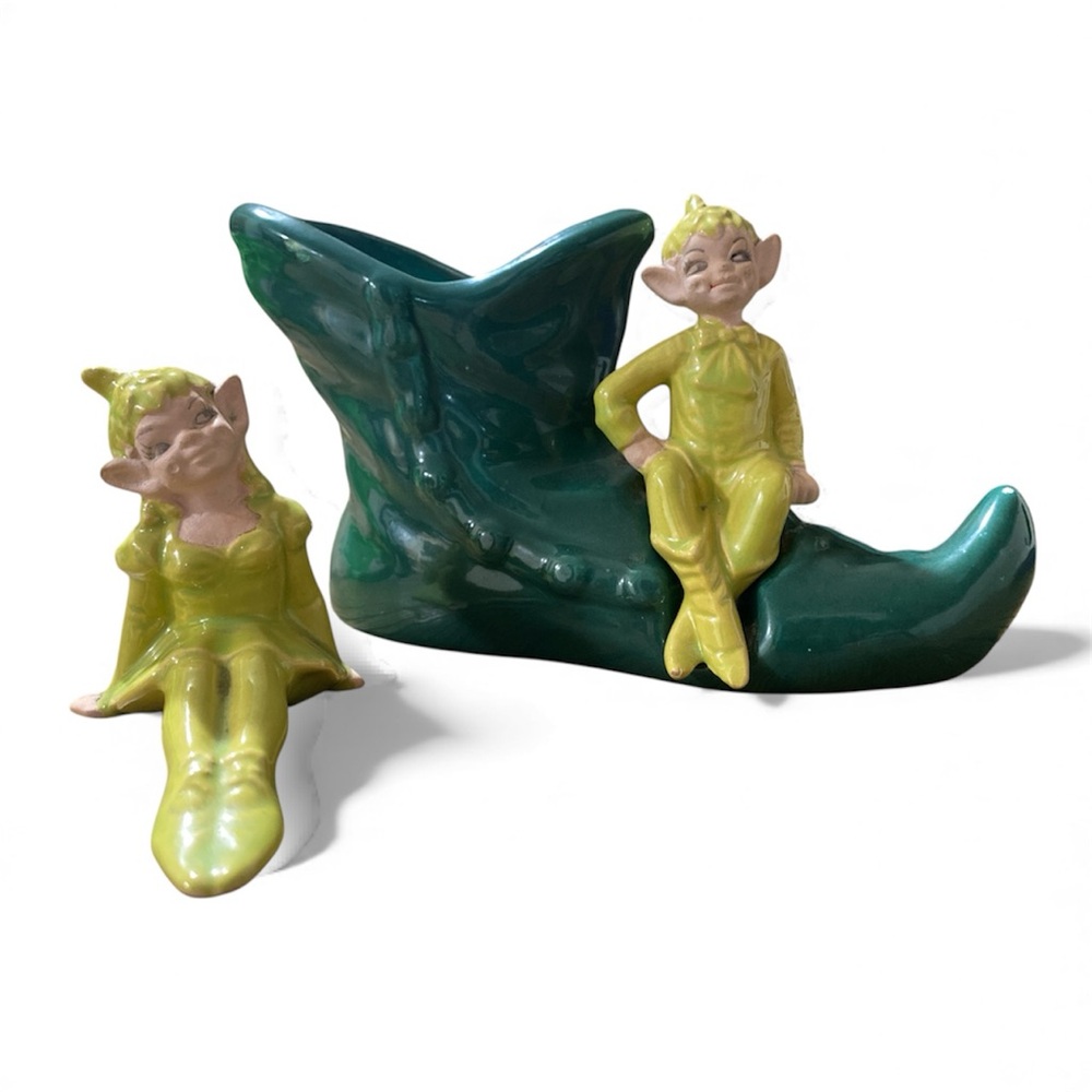 Vintage 1950's Gilner Pixie Elves Elf Ceramic Figurine Lime Green Christmas Lot